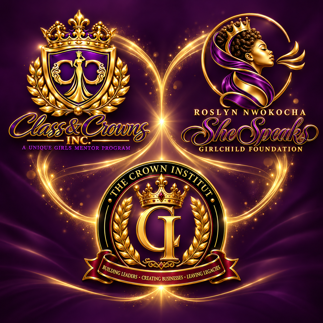 Class & Crowns, Roslyn Nwokocha She Speaks Girlchild Foundation, and The Crown Institute connected by gold light in a shared vision