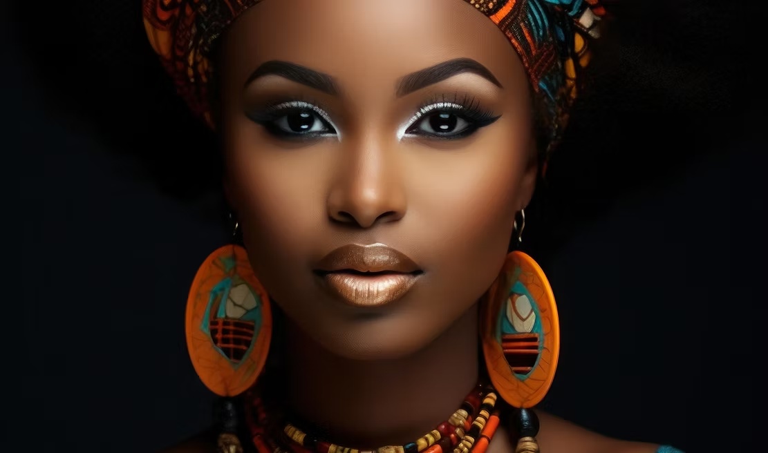 Artistic portrait of a woman in an African head wrap and colorful jewelry
