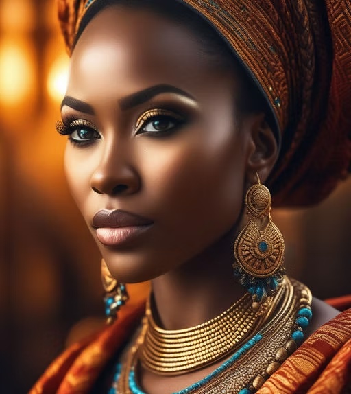 Artistic portrait with a warm gold head wrap and jewelry